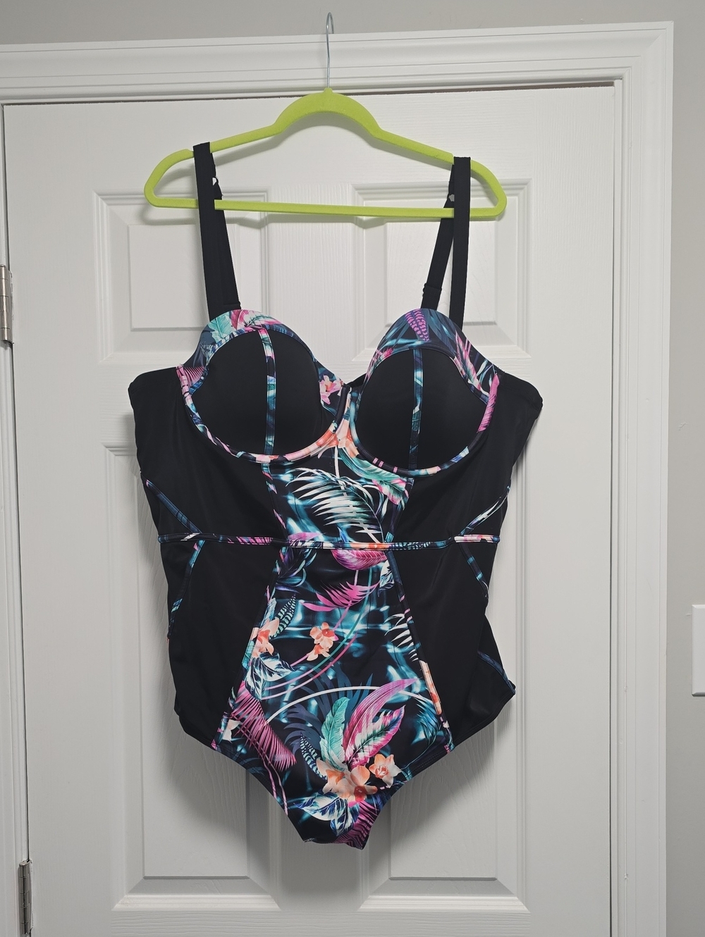 torrid Black One-Piece Swimsuit with Pink, Teal & Coral Tropical Print